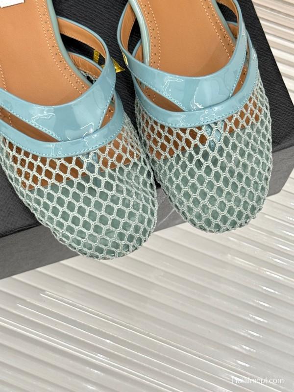 2025 Women AlAIA Light Blue White Leather Mesh Flat Slippers