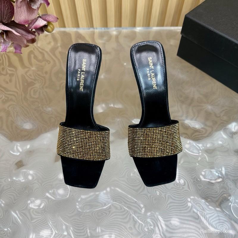 2025 Women Yves Saint Laurent Black Gold Rhinestone Leather High Heel Sandals MJ00300