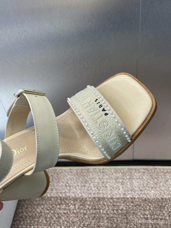 2025 Women Dior Beige Calf Leather Sheepskin Pearl Embroidered High Heel Sandals KFY00320
