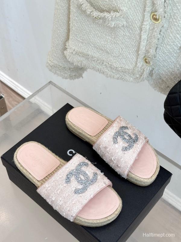 2025 Women Chanel Pink Tweed Espadrille Slide Sandals Handmade Craft KFY00240 (F)