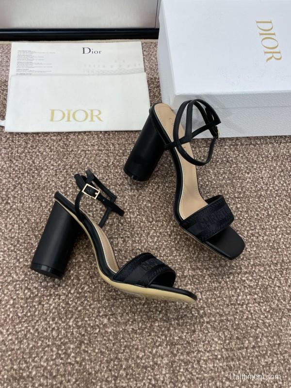 2025 Women Dior Black Leather High Heel Sandals