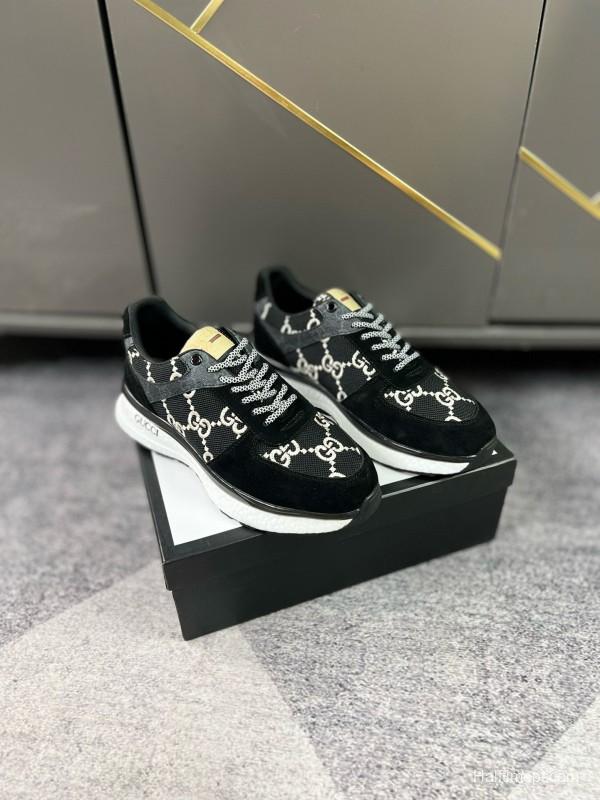 2024 Men Gucci black white fabric suede sneakers MJ00260