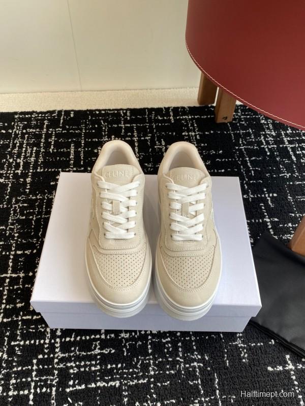 2025 Women Celine Beige Suede Platform Sneakers KFY00320