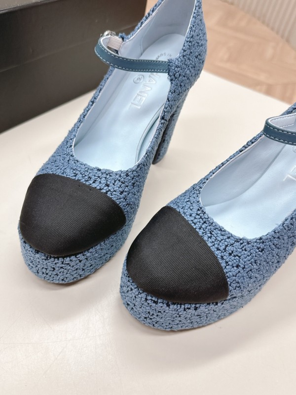 2025 Women Chanel Blue Black Tweed Leather Platform Pumps KFY00330