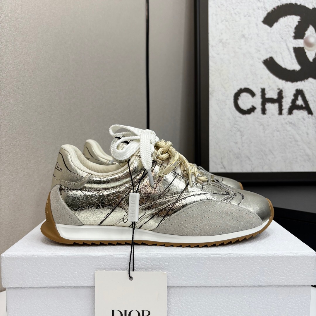 2025 Women Dior Silver Leather Running Shoes LY00300
