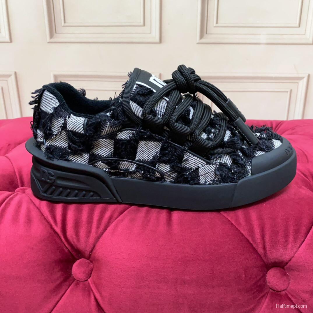 2025 Unisex Dolce & Gabbana Black White Fur Canvas Sneakers