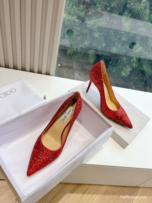 2025 Women Jimmy Choo Red Glitter Leather Pumps
