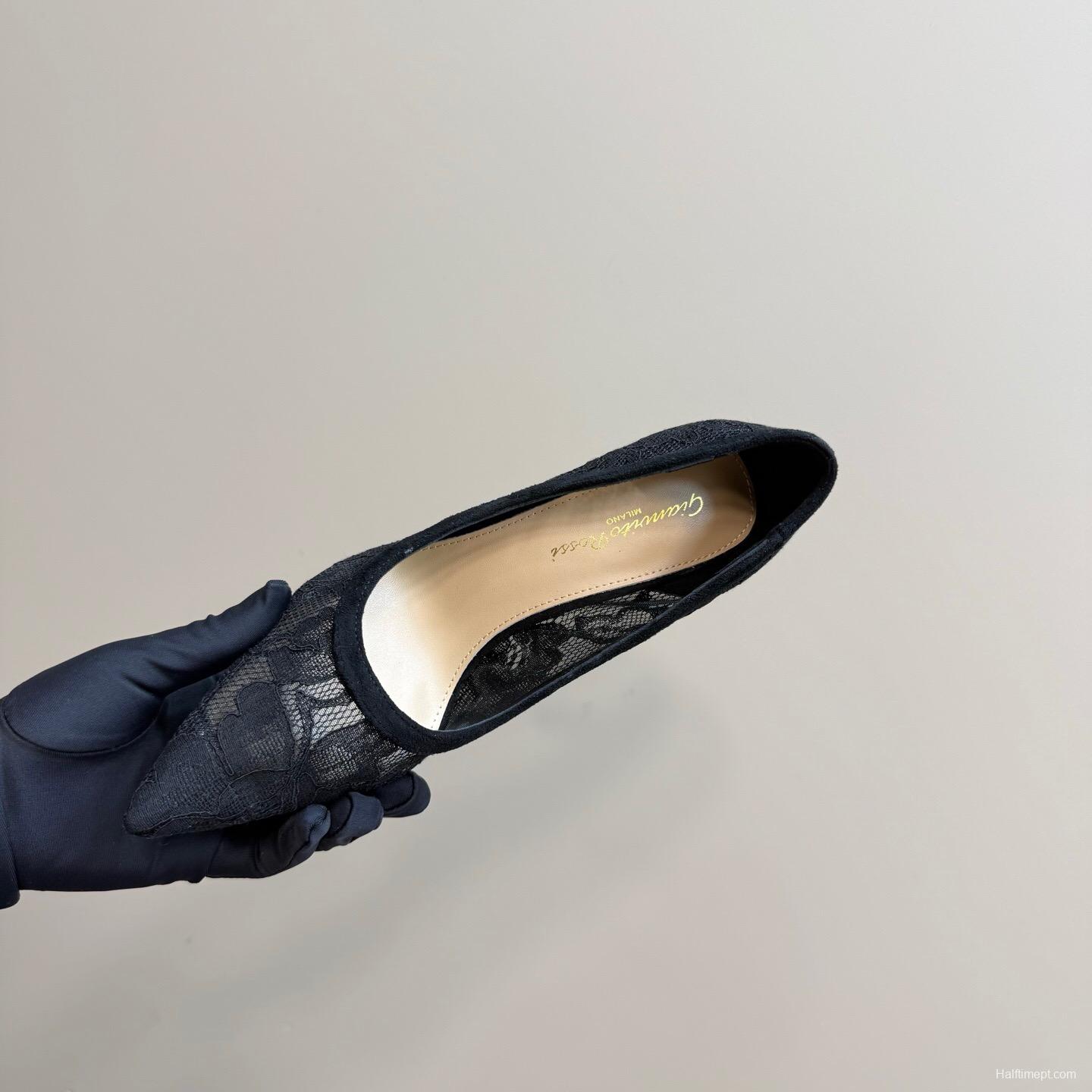 2025 Women Gianvito Rossi Black Lace Leather High Heel KFY00280