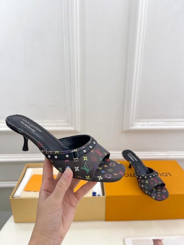 2025 Women Louis Vuitton Black Rainbow Leather Slippers KFY00290