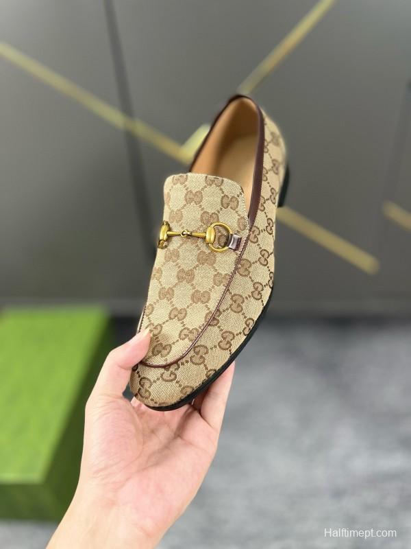 2024 Men Gucci Beige Brown Canvas Leather Loafer