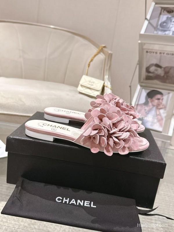 2025 Women Chanel Pink Suede Slippers Floral B2032-2