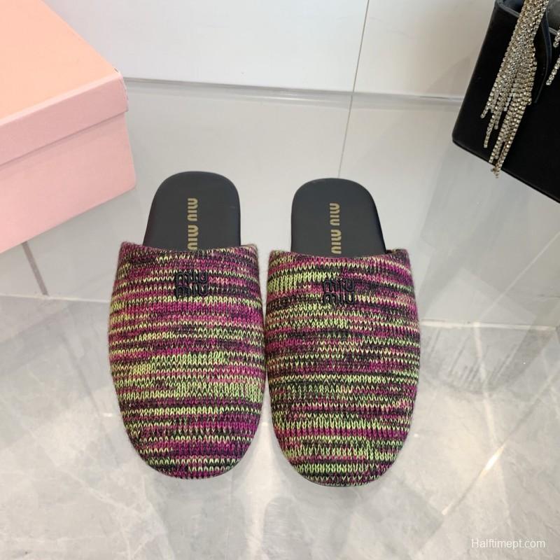 2025 Miumiu Purple Green Black Knitted Slippers