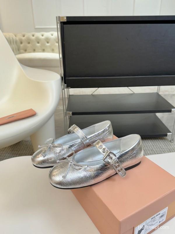 2025 Women Miu Miu Silver Leather Mary Jane Buckle KFY00300