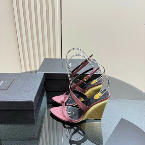 2025 Women Yves Saint Laurent Burgundy Suede Wedge Sandals Elegant Strappy Design KFY00290 (F)