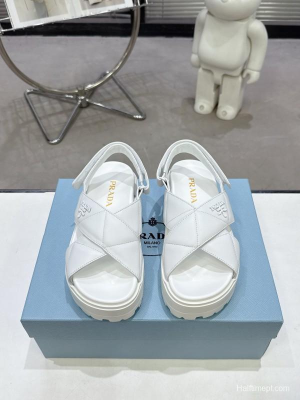 2025 Women Prada White Leather Sandals KFY00280