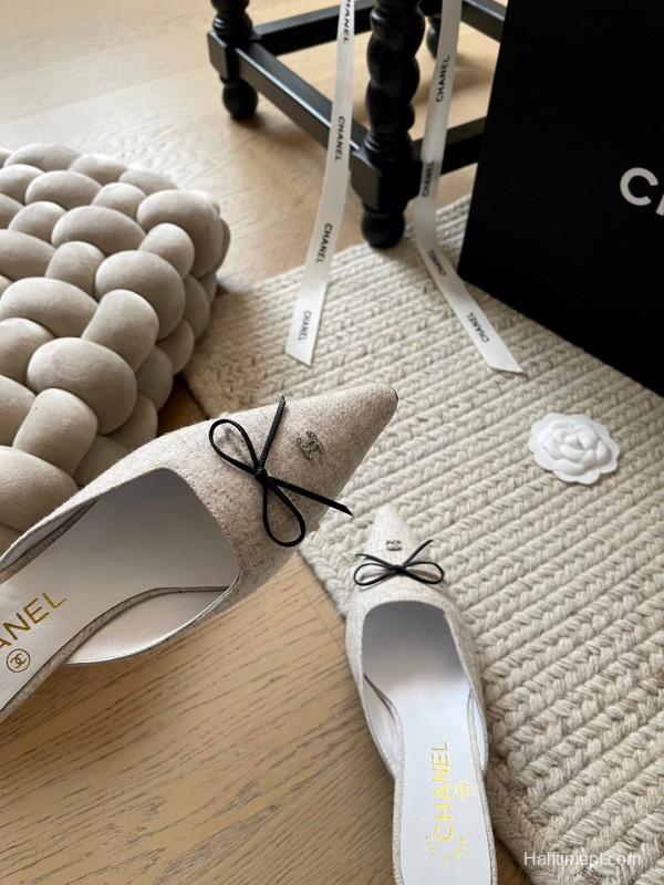 2025 Women Chanel Beige Fabric Pointed Toe Mules KFY00290