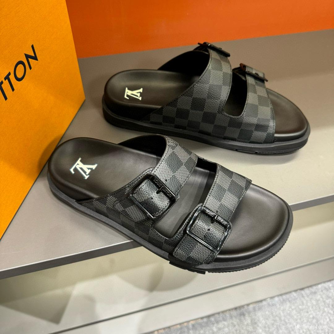 2024 Slippers Louis Vuitton Grey Black Leather Slippers