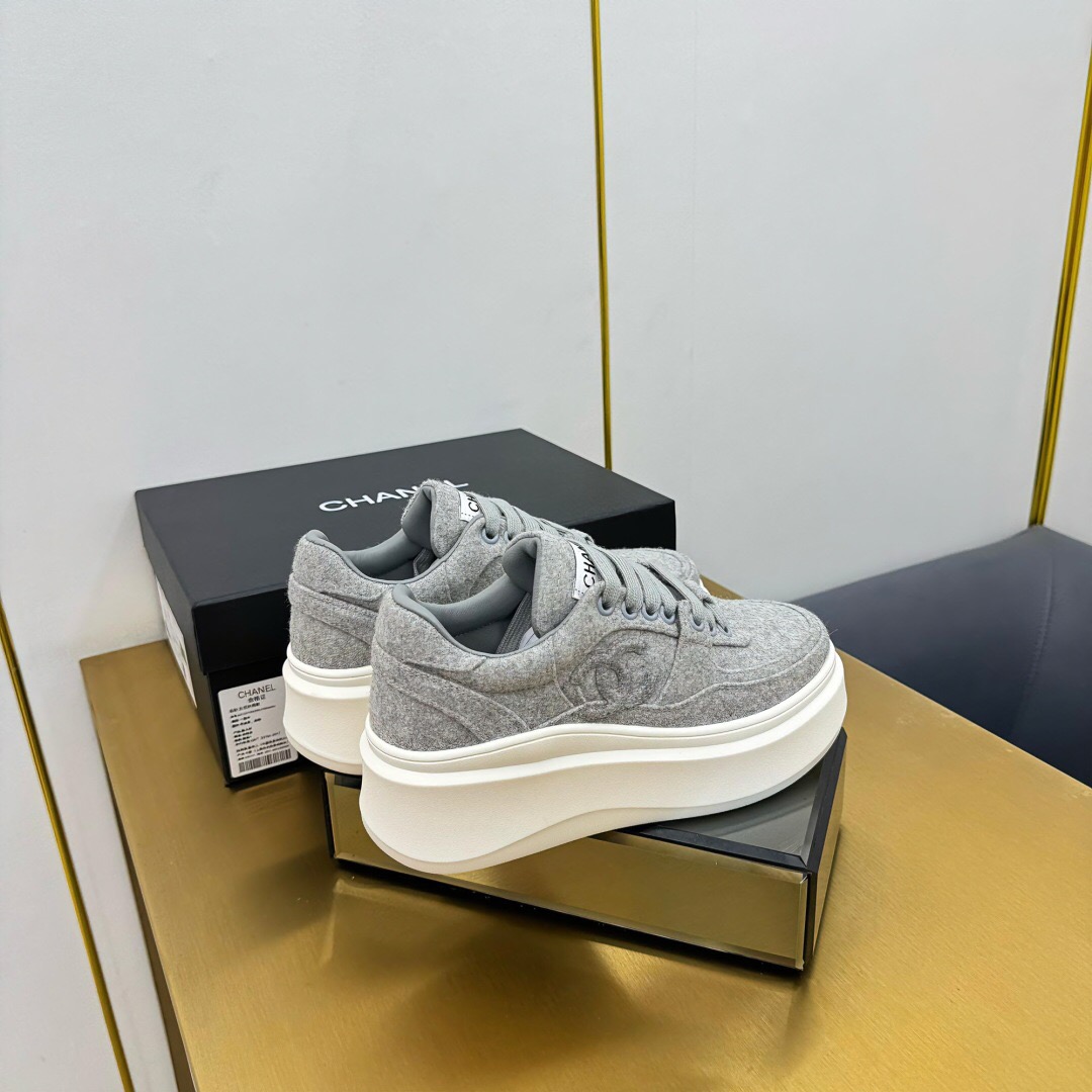 2025 Women Chanel Grey Wool Platform Sneakers