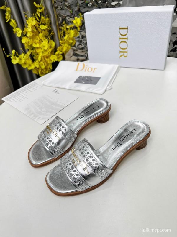 2025 Women Dior Silver Leather Slide Heels LY00210
