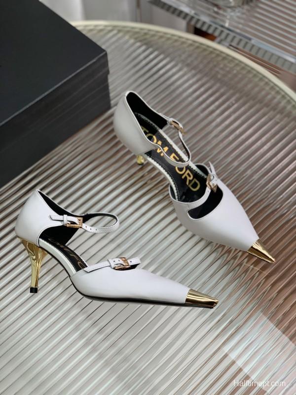 2025 Women TOM FORD White Gold Leather Pointed Toe Pumps KFY00320