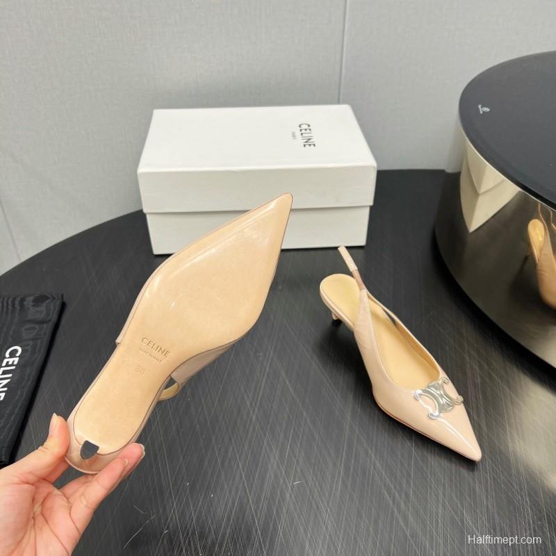 2025 Women Celine Beige Leather Slingback Shoes Metal Buckle