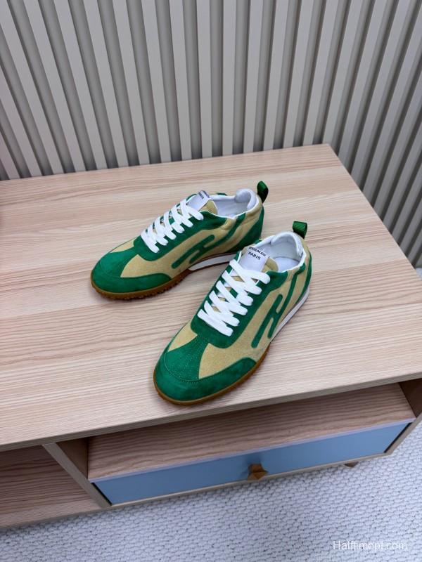 2025 Unisex Hermès Green Beige Suede Down Fabric Sneakers Top Version KFY00300