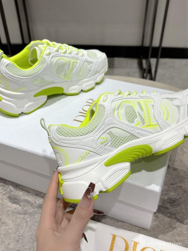 2025 Women Dior White Neon Yellow Mesh Leather Sneakers KFY00370