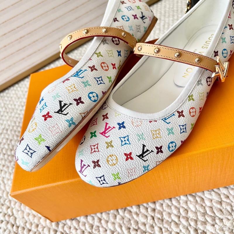 2025 Women Louis Vuitton White Multicolor Leather Ballet Flat