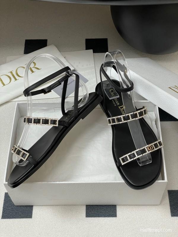 2025 Women Dior Black Crystal Embellished Leather Flat Sandals