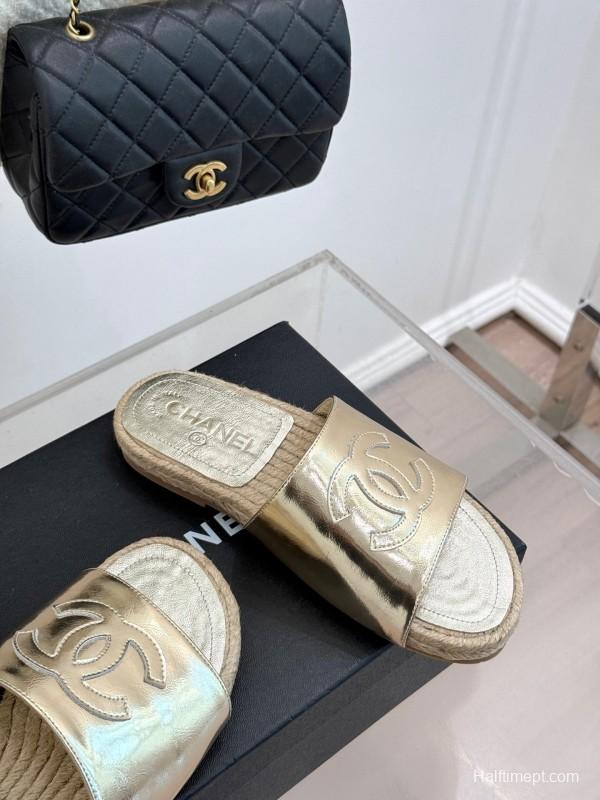 2025 Women Chanel Gold Leather Slippers