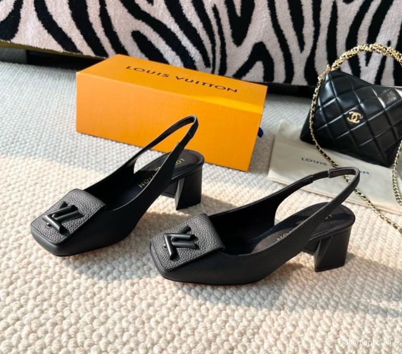 2024 Women Louis Vuitton Black Leather Slingback Heel