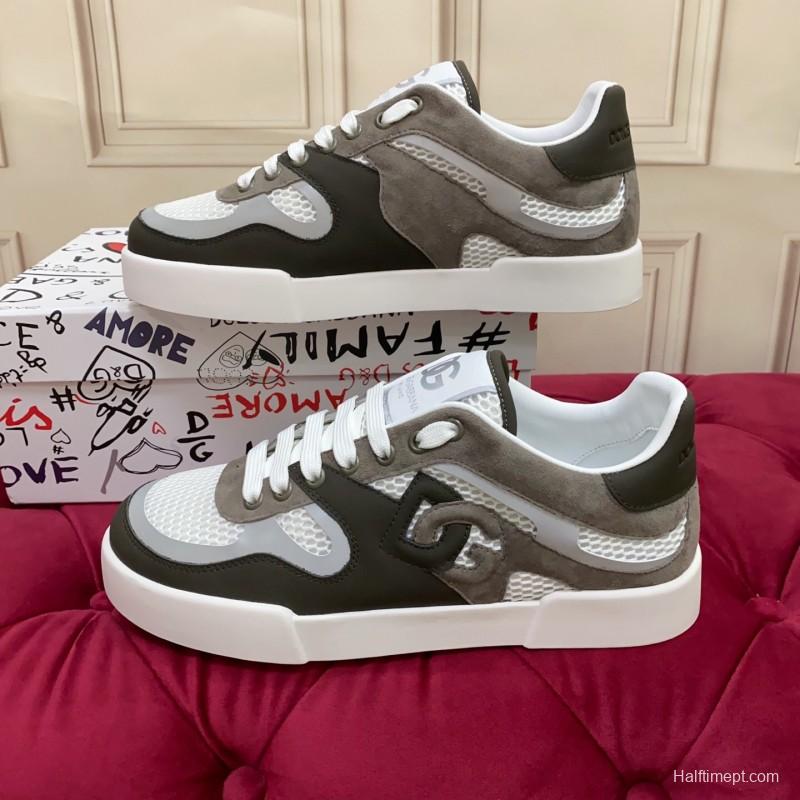 2025 Unisex Dolce & Gabbana White Grey Black Leather Mesh Sneakers