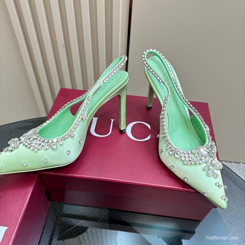 2025 Women Gucci Light Green Satin High Heel Slingback Rhinestone MJ00340