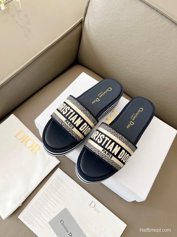 2025 Women Dior Navy White Canvas Platform Slippers LY
