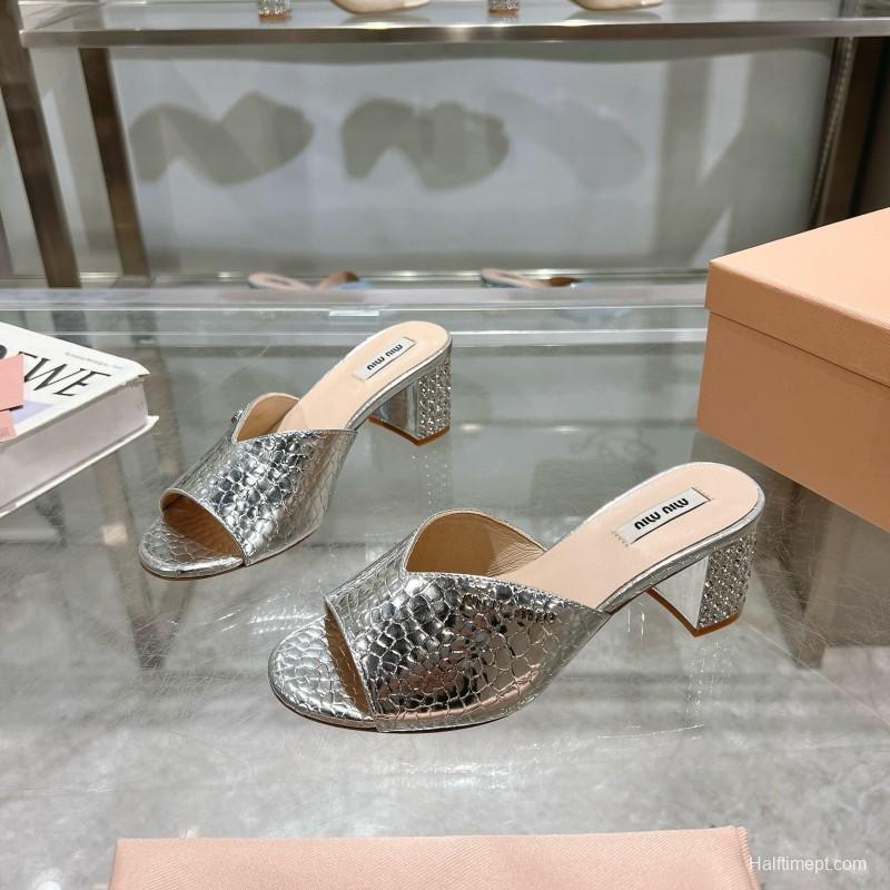 2025 Women Miu Miu Silver Leather Mules