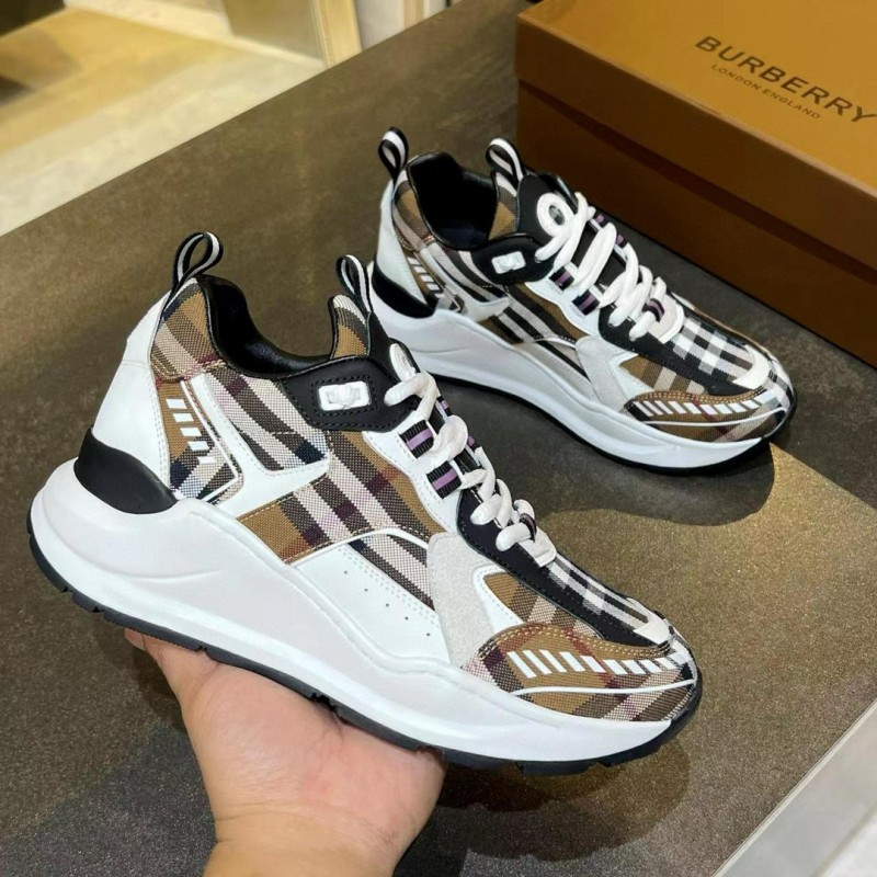 2025 Unisex Burberry Brown White Black Cotton Calfskin Suede Sneakers Check MJ00380(W/M)