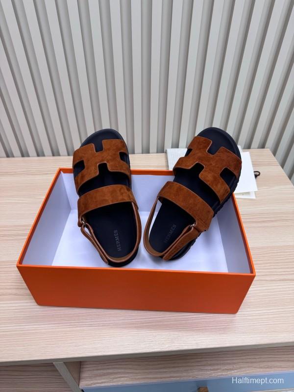 2025 Women Hermès Brown Suede Leather Sandals
