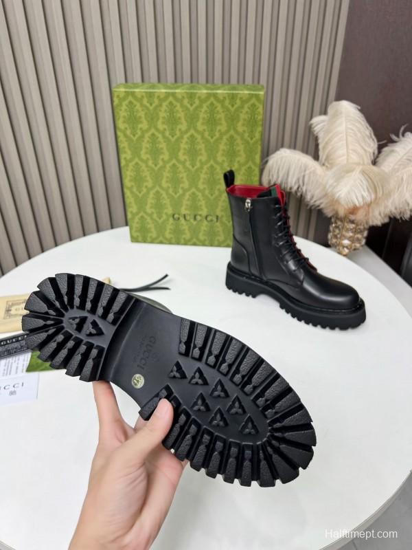2024 Women Gucci Black Leather Lace-Up Combat Boots Red Green Web MJ00340