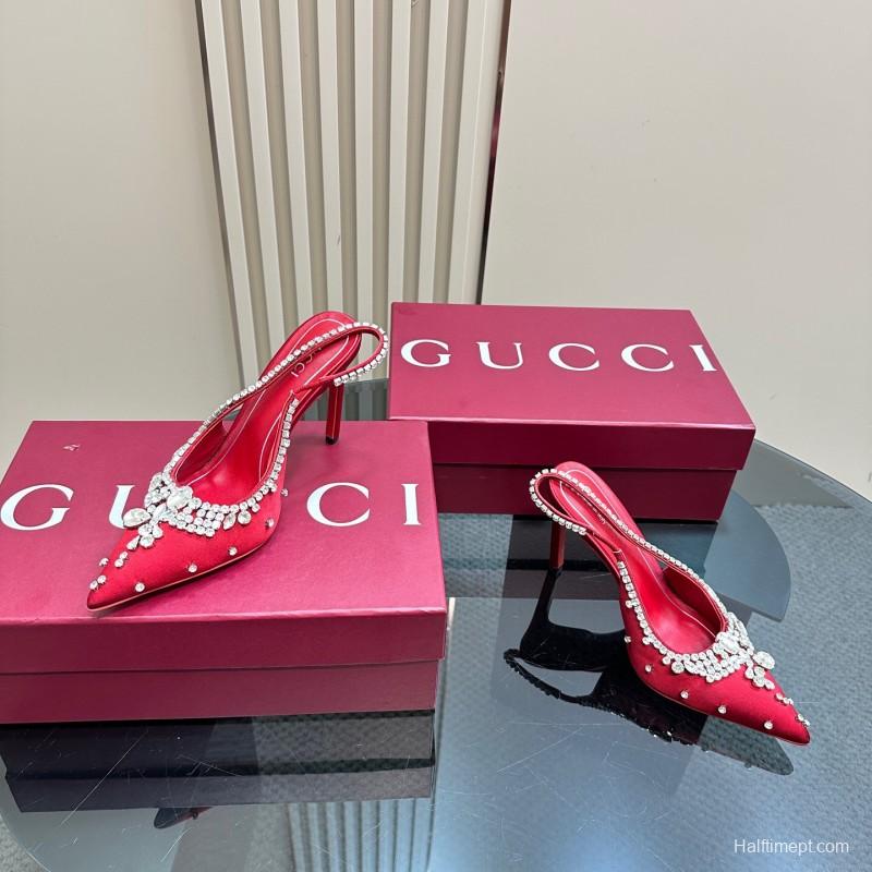 2025 Women Gucci Red Silk Rhinestone Embellished Heels KFY00340
