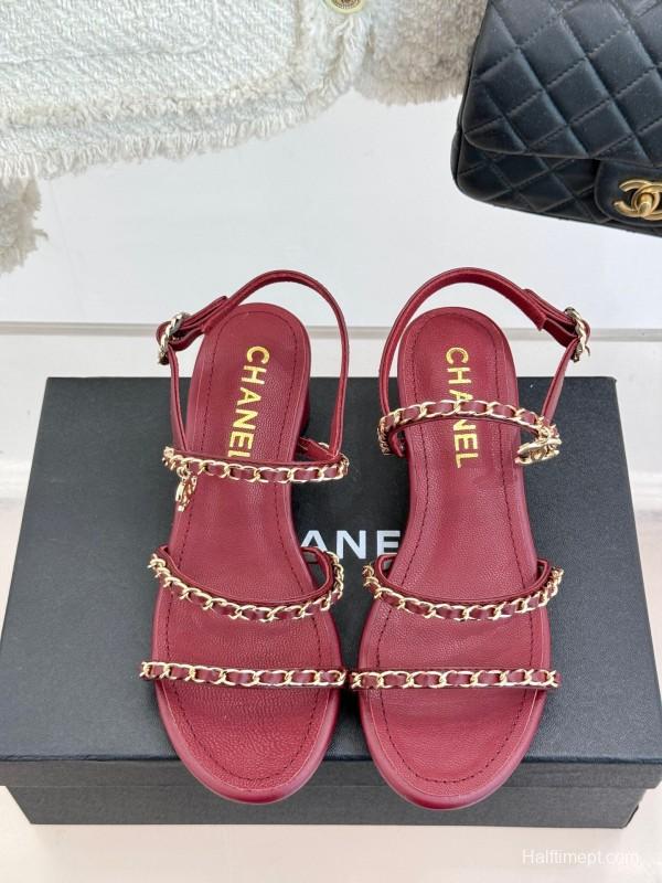2025 Women Chanel Red Leather Chain Strap Sandals KFY00270