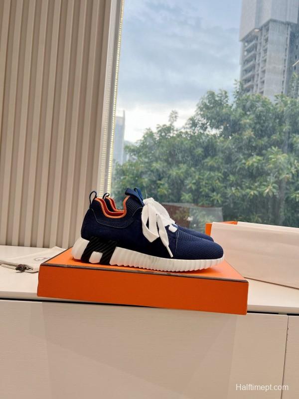 2024 Unisex Hermès Navy Brown Calfskin Suede Knit Sneakers MJ00290