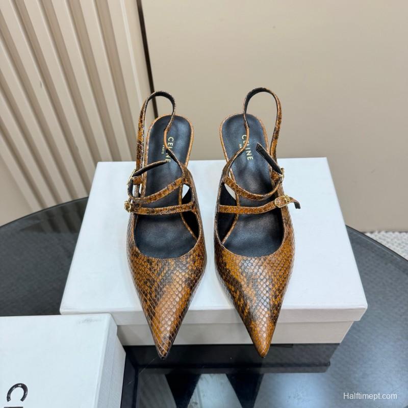 2025 Women Celine Brown Snake Leather Pointed Toe Slingback Heels