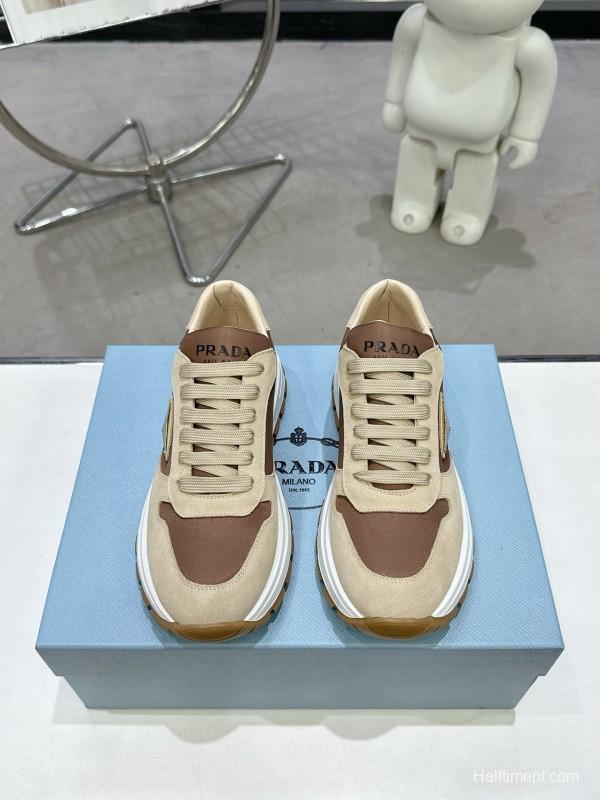 2025 Women Prada Beige Brown Leather Sneakers KFY00310