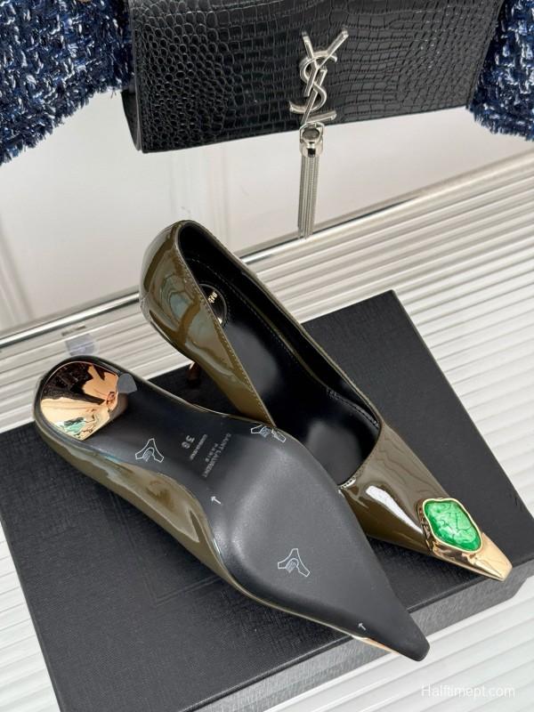 2024 Women Yves Saint Laurent Olive Green Patent Leather High Heel Gemstone MJ00330