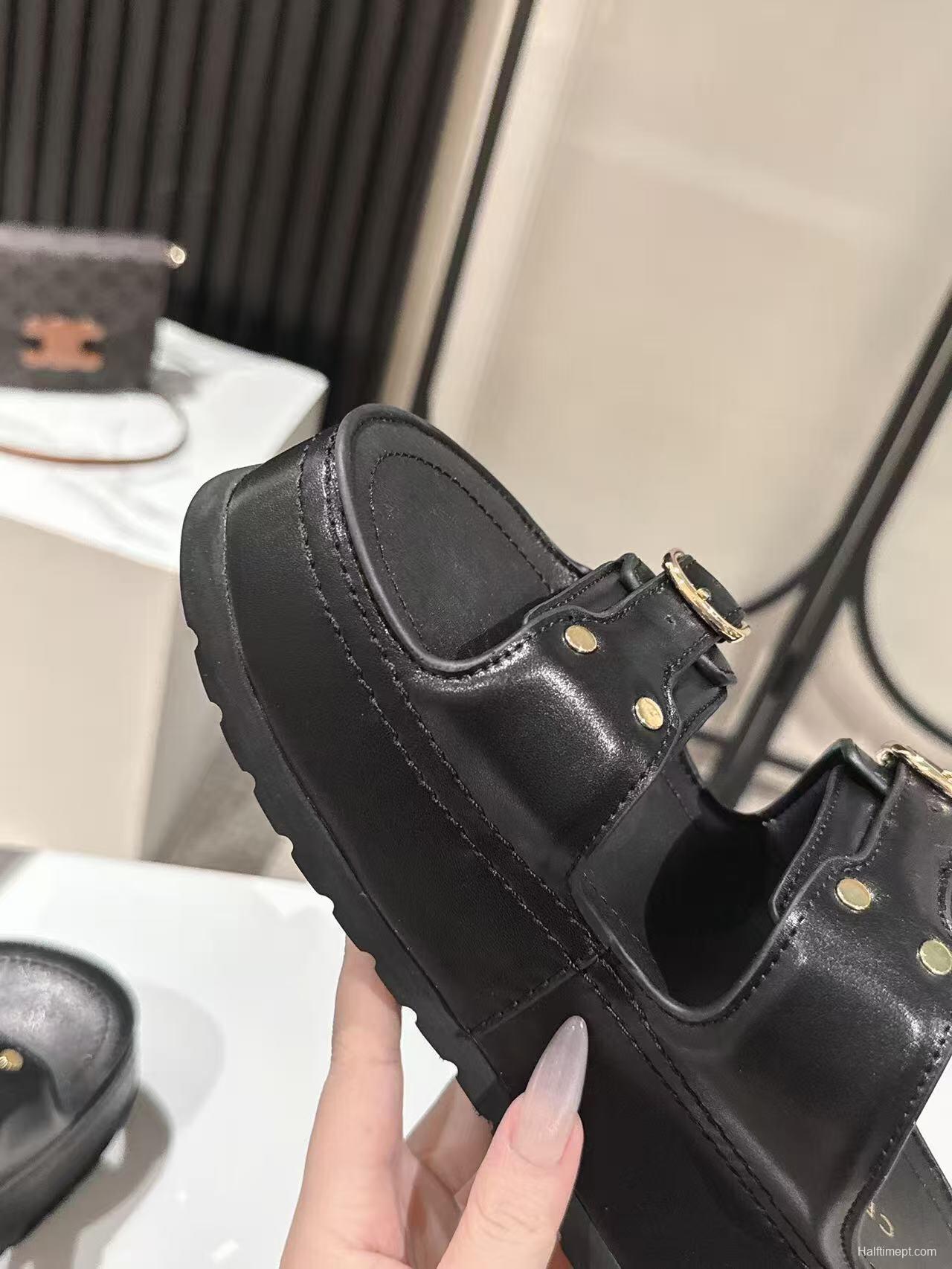 2025 Women Celine Black Leather Platform Slide Sandals LY00300