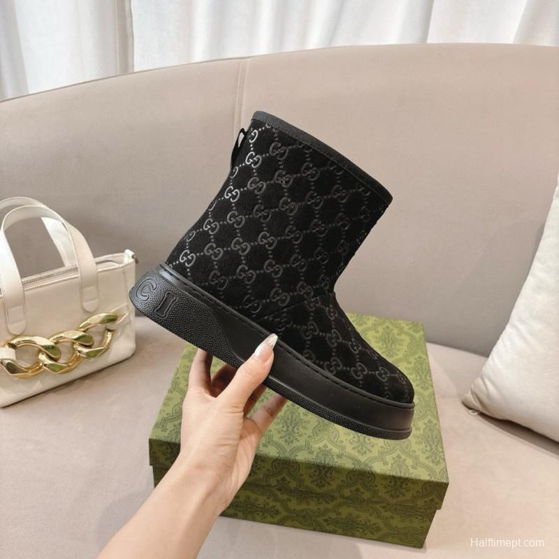 2024 Women Gucci Black Suede Shearling Snow Boots MJ00350