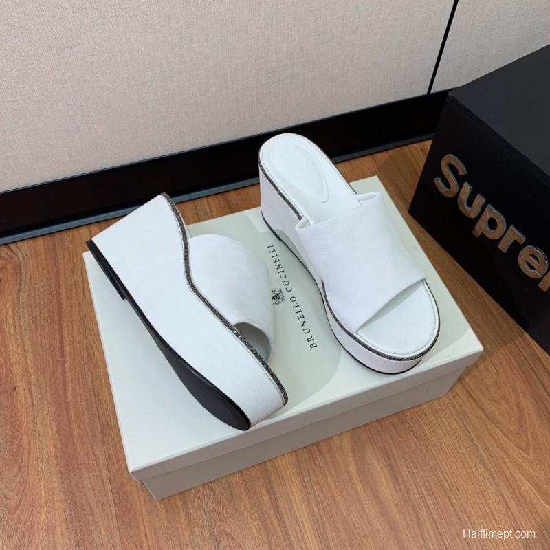 2025 Women BRUNELLO CUCINELLI White Suede Platform Slide Sandals Casual Craftsmanship LY00360(F)