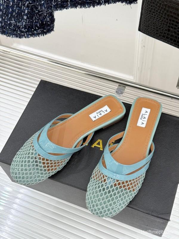 2025 Women AlAIA Light Blue White Leather Mesh Flat Slippers