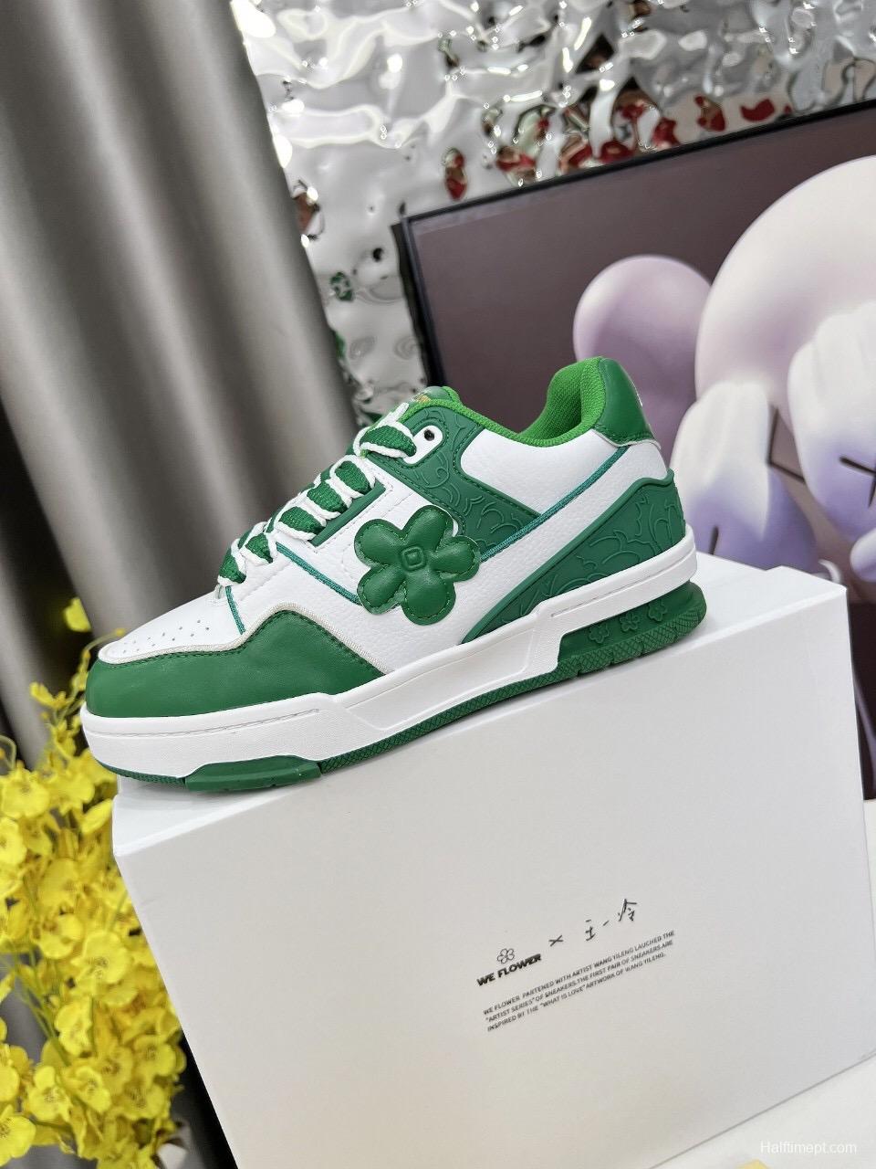 2025 Unisex WEFLOWER Green White Leather Sneakers LY00280