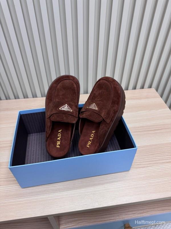 2025 Women Prada Brown Suede Platform Loafers